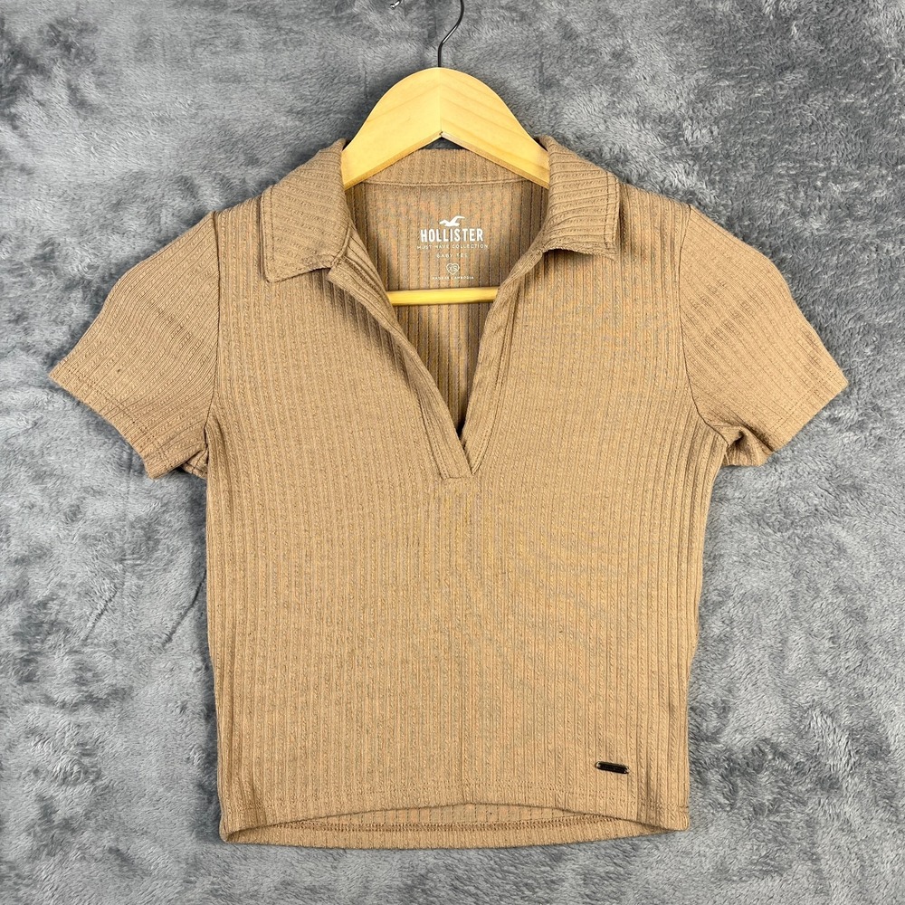 Hollister Baby Tee Polo Shirt Womens XS Brown Performance Ribbed Cropped Tennis
